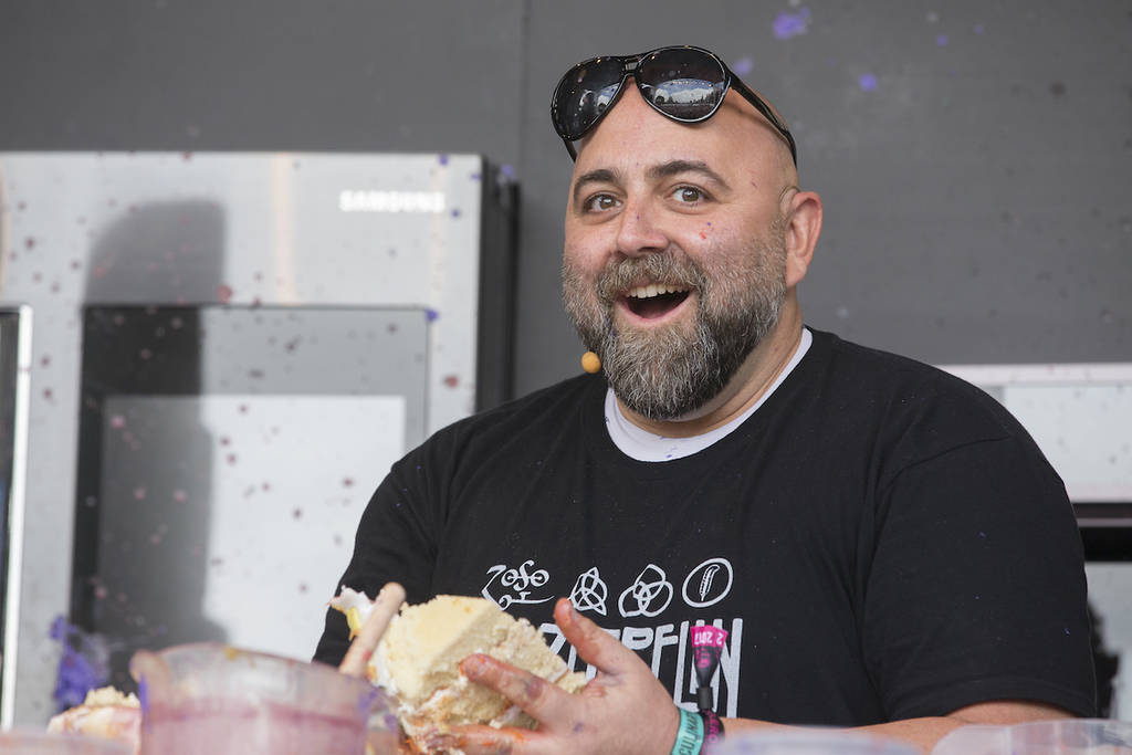 Napa, CA/USA: 5/26/17: Duff Goldman interacts with the crowd at the culinary stage during BottleRock in Napa, California. Duff is the host of Food Network's Ace of Cakes.