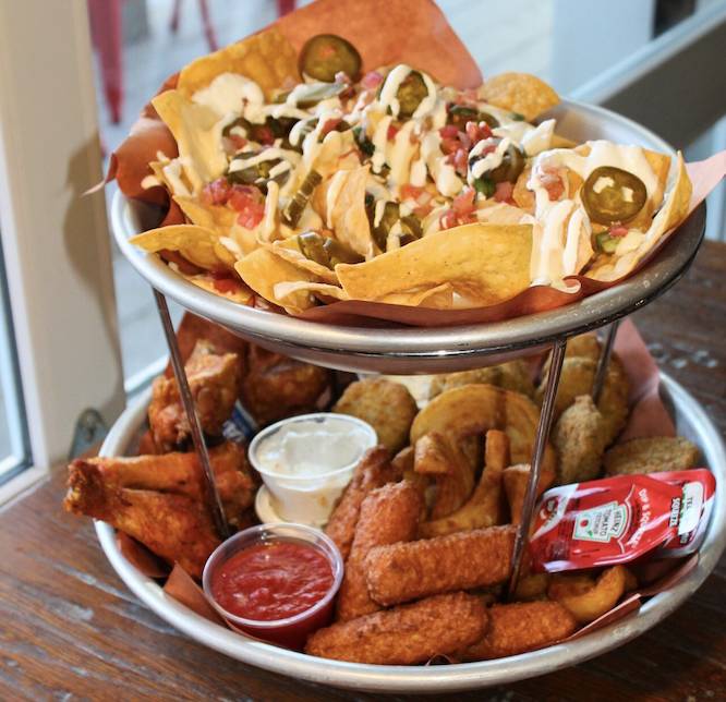 a spread of bar food