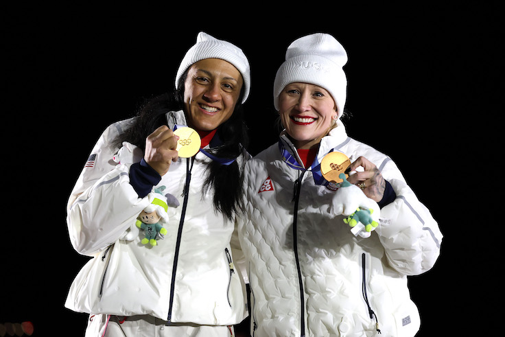 CORTINA D'AMPEZZO, ITALY - FEBRUARY 16: Gold medalist Elana Meyers Taylor of Team United States and Bronze medalist Kaillie Armbruster Humphries of Team United States pose for a photo during the medal ceremony for the Women's Monobob Bobsleigh on day ten of the Milano Cortina 2026 Winter Olympic games at Cortina Sliding Centre on February 16, 2026 in Cortina d'Ampezzo, Italy. (Photo by Al Bello/Getty Images)