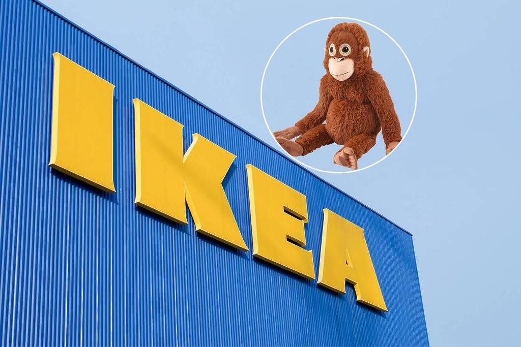little monkey plush toy on the IKEA building