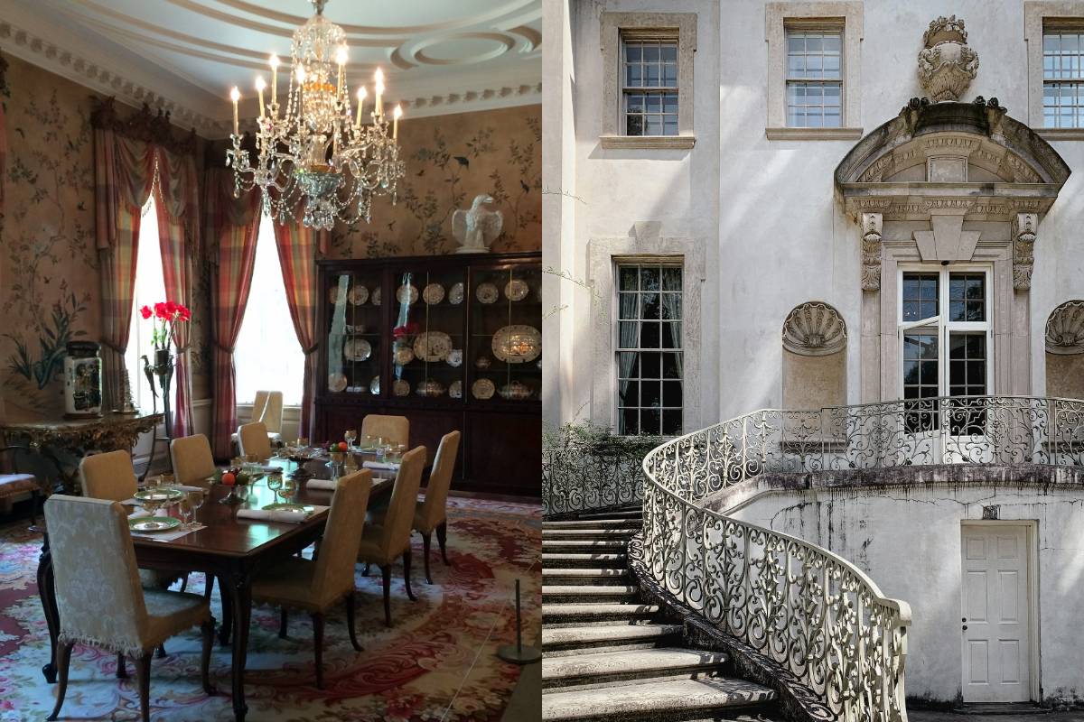The first image showing a grand dining room featuring antiques and a chandelier plus the outside facade and stairways fo Swan House in Atlanta