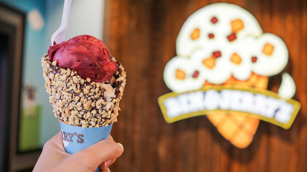 July 10, 2017 - Gold Coast, Australia - Ben and Jerry's Ice-cream berry sorbet on chocolate almond cone