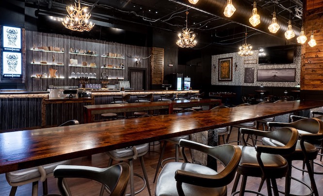 interior of a bar with dark wood
