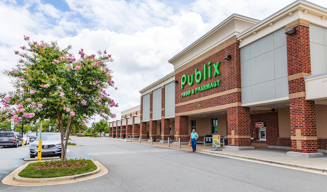 MOORESVILLE, NC, USA-JUNE 19, 2019: Publix Food & Pharmacy building and parking lot.