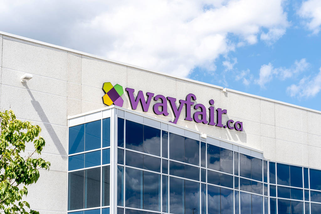Mississauga, On, Canada - August 11, 2019: Close-up Wayfair.ca sign on the building. Wayfair Inc. is an American e-commerce company that sells furniture and home-goods.