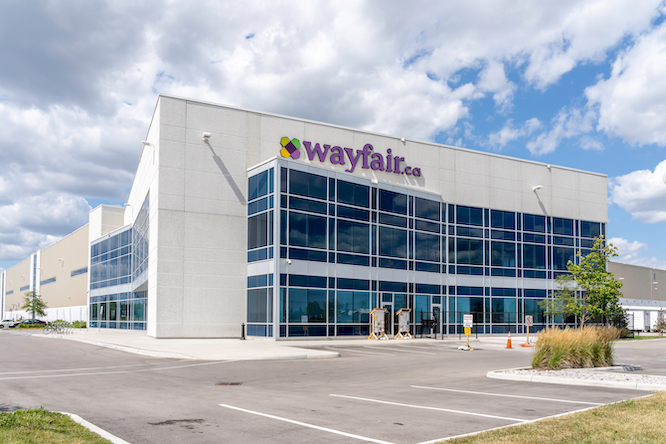 Mississauga, On, Canada - August 11, 2019: Wayfair.ca delivery and warehouse facility in Mississauga, On, Canada. Wayfair Inc. is an American e-commerce company that sells furniture and home-goods.