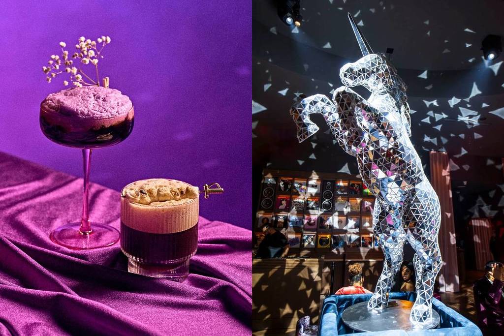disco ball shaped like a unicorn and two really fancy cocktails on a purple background