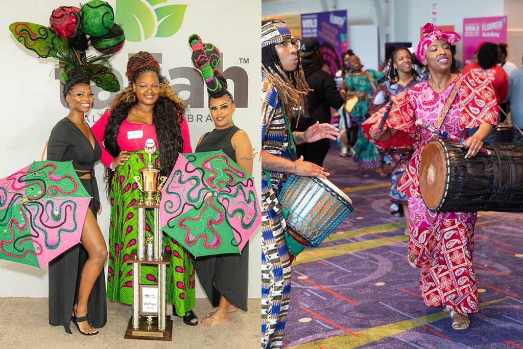 women dancing in traditional African outfits on one side, and a creative hair art competition on the other