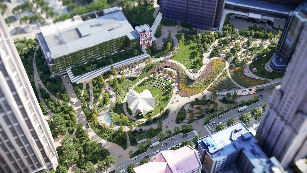 rendering of a large green space in a city
