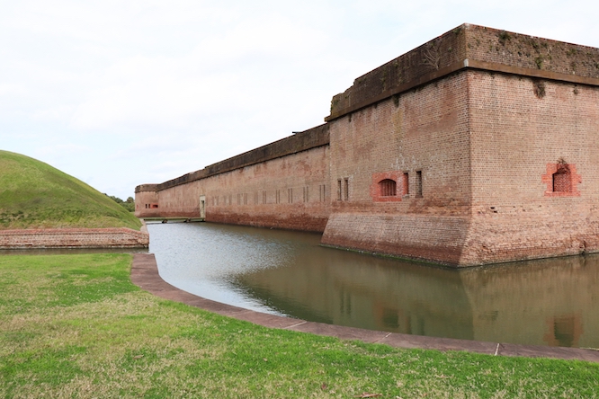 fortified outer wall, moat and bastions of Fort Pulaski National Monument in Savannah, Georgia
