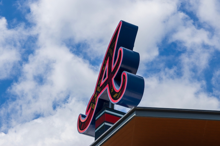 Atlanta Georgia USA - 4 27 2025: The Braves A logo at Truist Park home of the Atlanta Braves in Atlanta Georgia USA