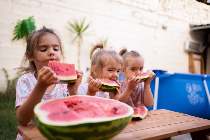 Disfrutando del verano con jugosas sandías en el jardín trasero