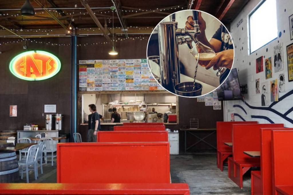 Inside of EATS diner with red seating at Wild Heaven's West End brewery in Atlanta