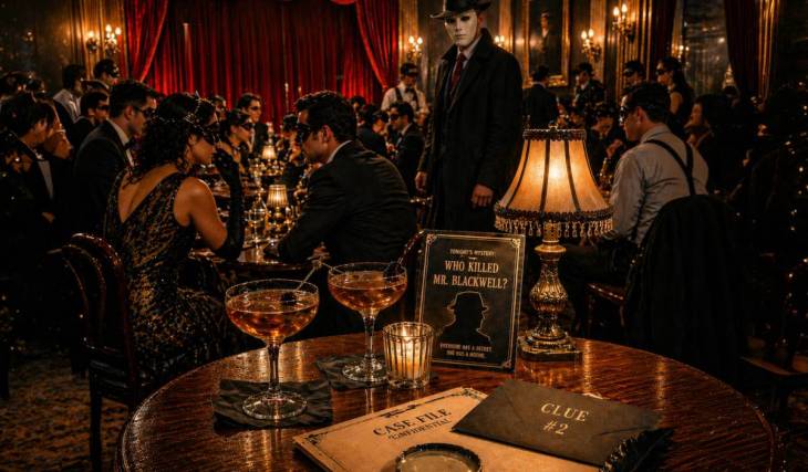 La sala es el escenario de este nuevo juego de misterio inmersivo de 75 minutos en Atlanta, donde los invitados beben cuatro cócteles llenos de pistas para resolver la muerte de un multimillonario en una fiesta de máscaras.