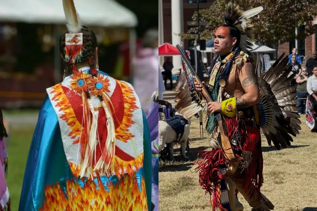 traditionally dressed indigenous man and woman dancing in feathers