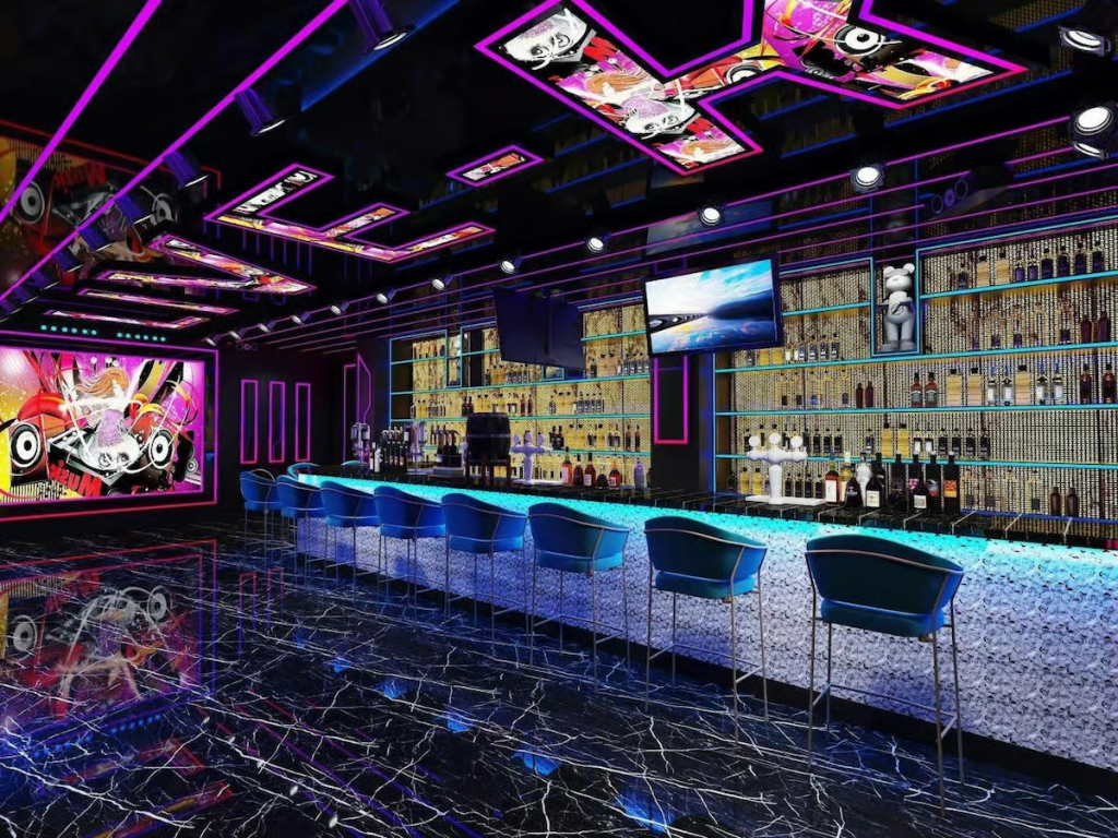 Local de karaoke con luces LED y bar