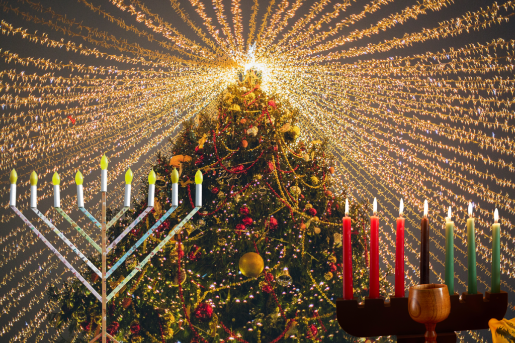 árbol de Navidad, la menorá y la kinara