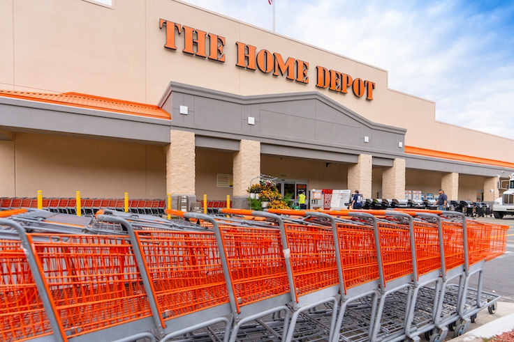 Cary, North Carolina - August 27 2025: A Home Depot Storefront With Neatly Arranged Shopping Carts Along Highway 55 Vision Drive