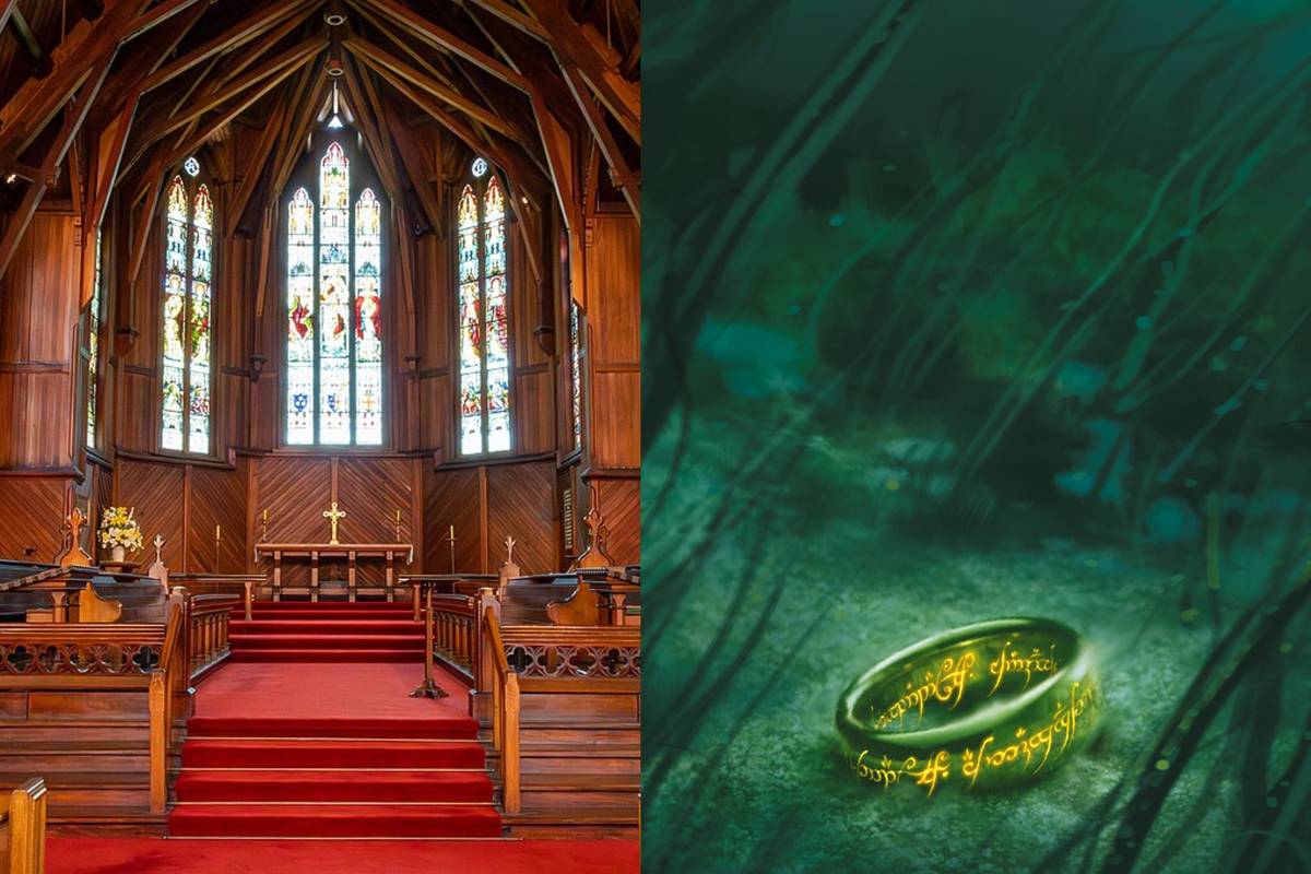 large wooden interior of a church and ring from lord of the rings