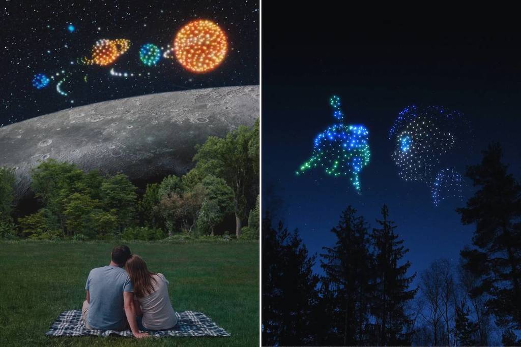 People looking up at the skyline as drones dance in a light show