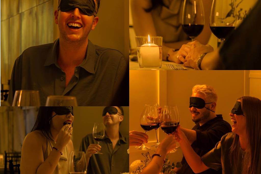 A collage of a group of blindfolded friends enjoying a meal at Dining in the Dark, clinking wine glasses and laughing