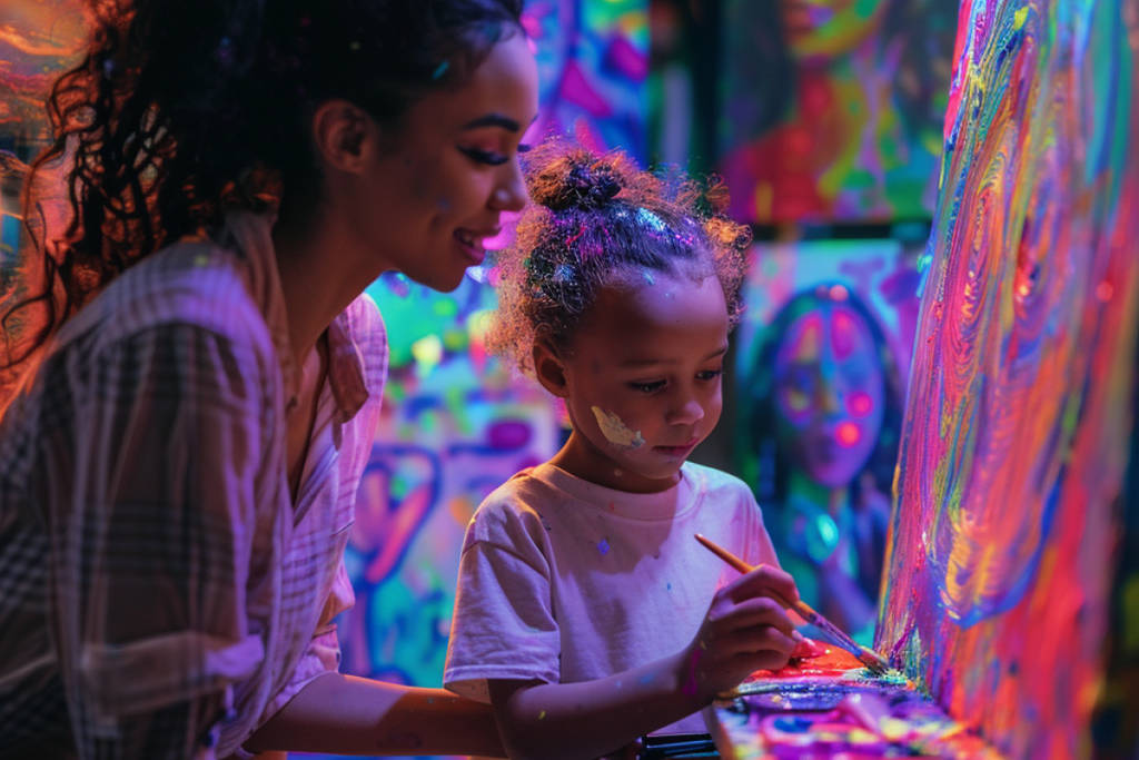 Kind malt mit ihrer Mutter mit leuchtenden Neonfarben bei Neon Brush Kids