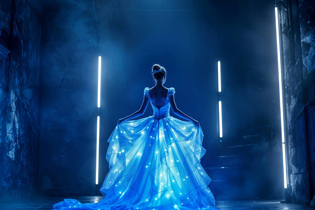 Bailarina en el escenario del Ballet de las Luces con un vestido brillante lleno de luces LED. En el fondo hay niebla atmosférica y varias barras luminosas como iluminación del escenario.