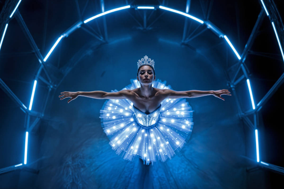 Ballerina steht bei Ballet of Lights mit einem funkelnden Kleid voller LED-Lichter auf der Bühne und streckt ihre Arme aus. Im Hintergrund befinden sich mehrere Leuchtstäbe als Bühnenbeleuchtung.