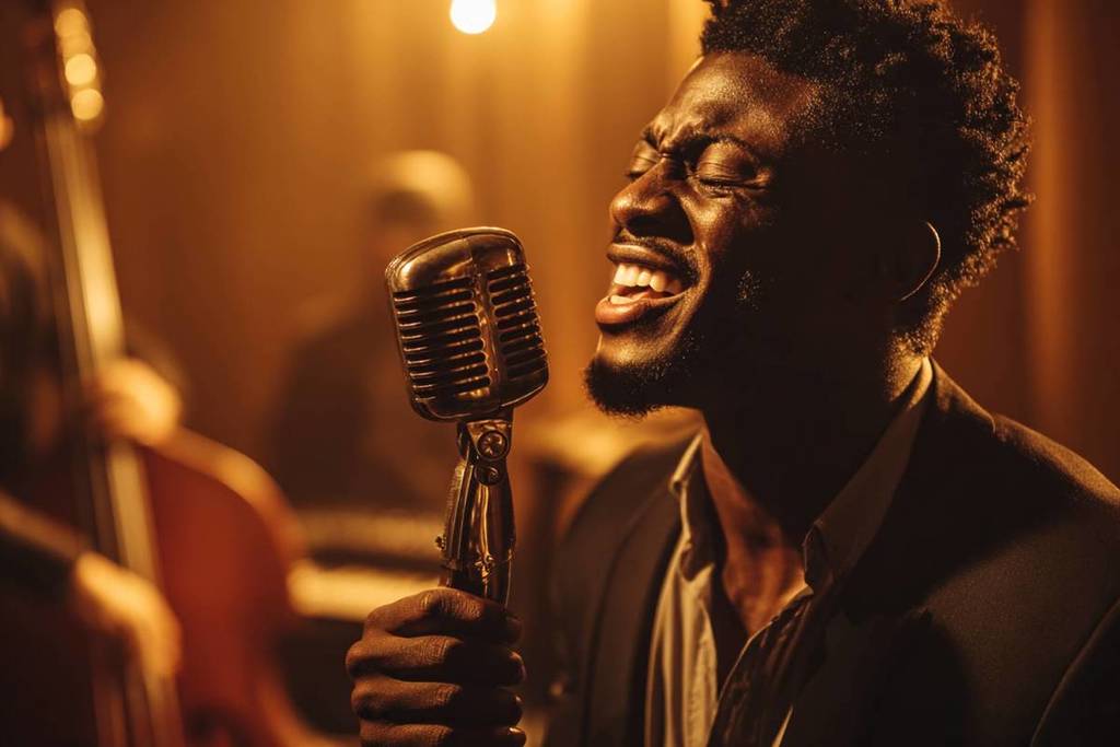 Singer stands on stage at We call it Jazz Soul and sings into the microphone, atmospheric lighting and other band members in the background