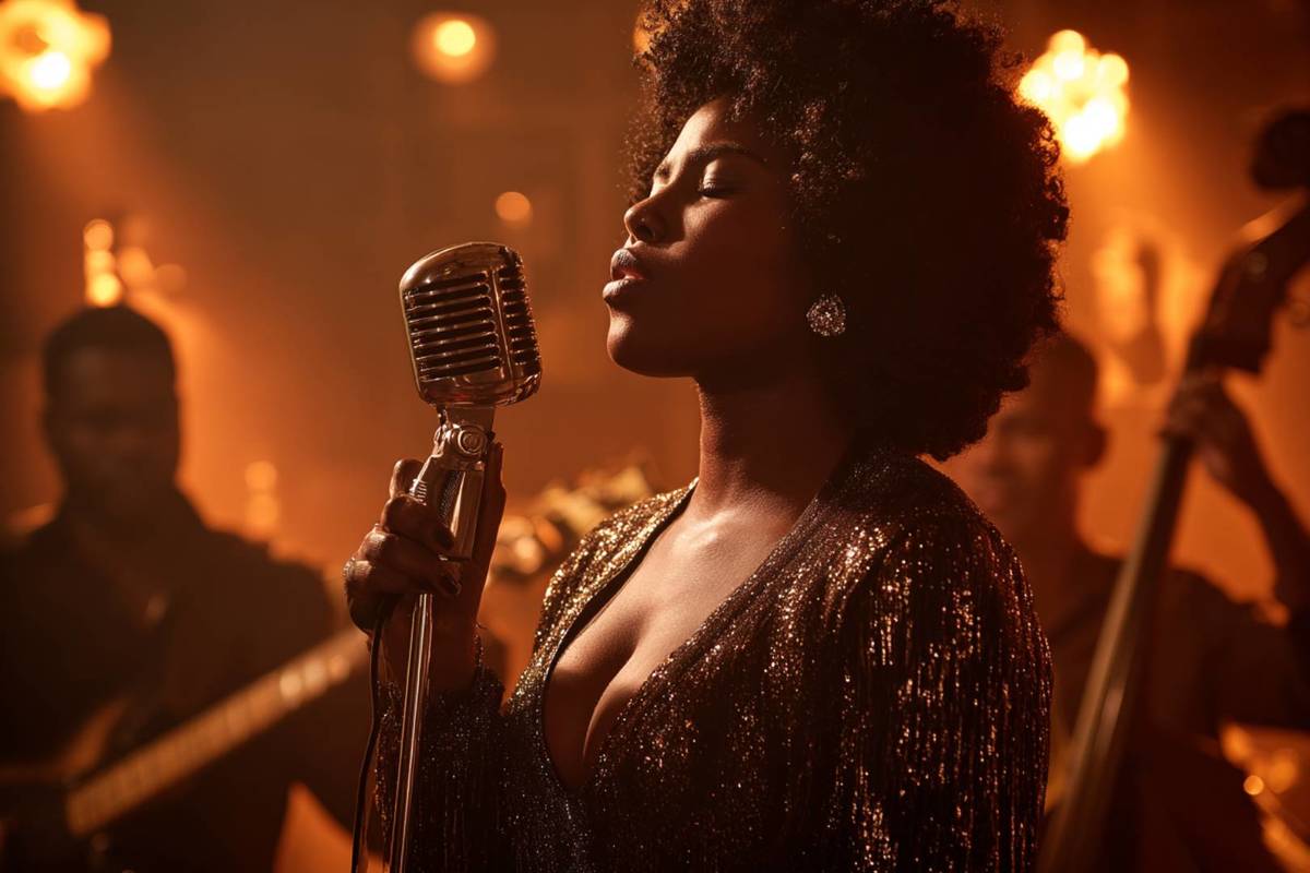 Sängerin steht bei We call it Jazz Soul auf der Bühne und singt ins Mikrofon, stimmungsvolle Beleuchtung und Umrisse weiterer Bandmitglieder im Hintergrund