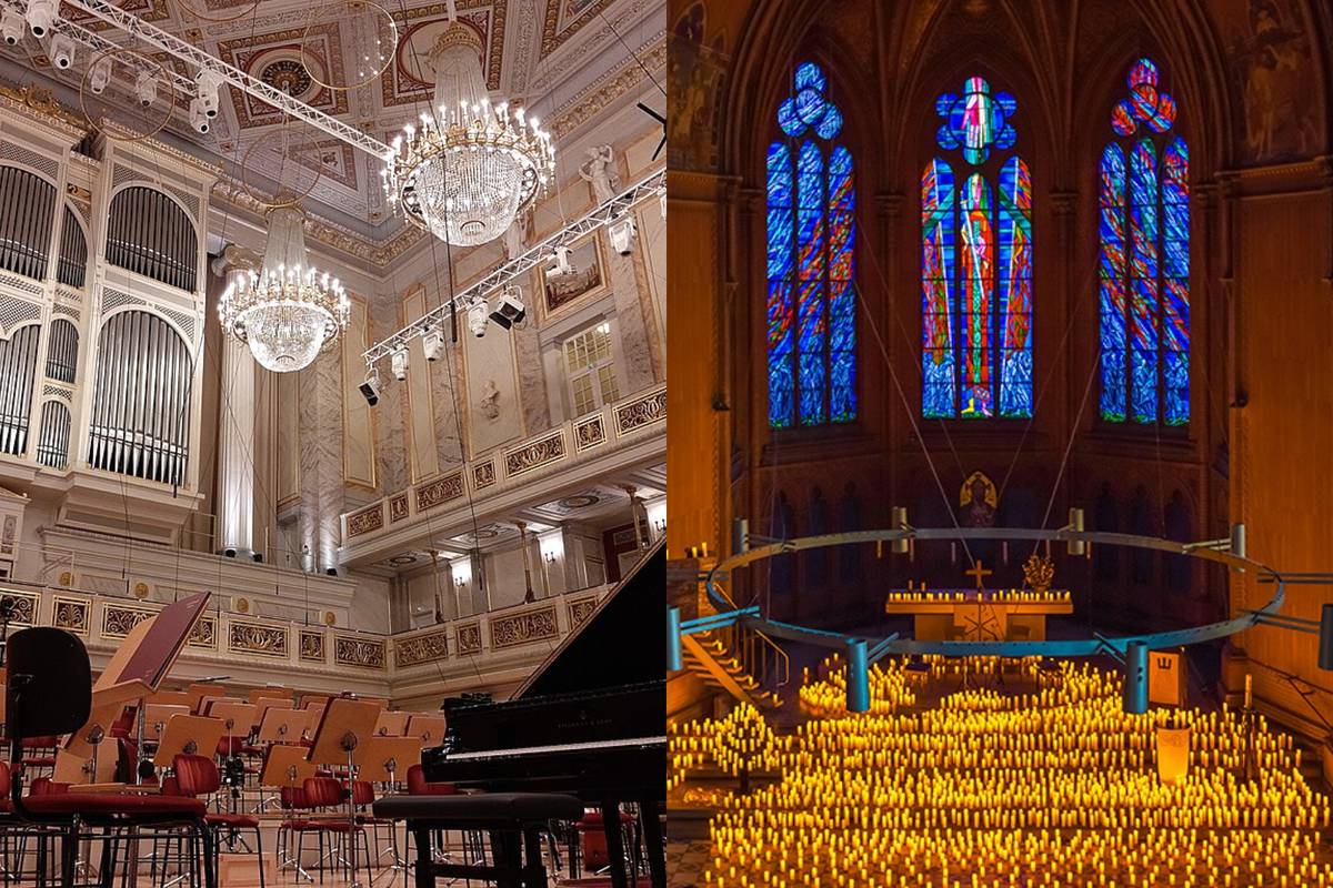 Links: Konzerthaus Berlin, Rechts: Candlelight-Konzert in der Apostel-Paulus-Kirche in Berlin