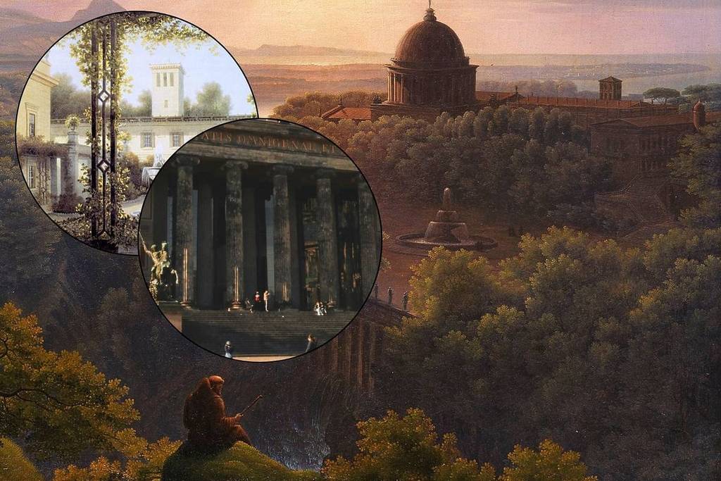 Cuadro «Paisaje con peregrino» de Schinkel en comparación con el Museo Antiguo y el Palacio de Glienicke.