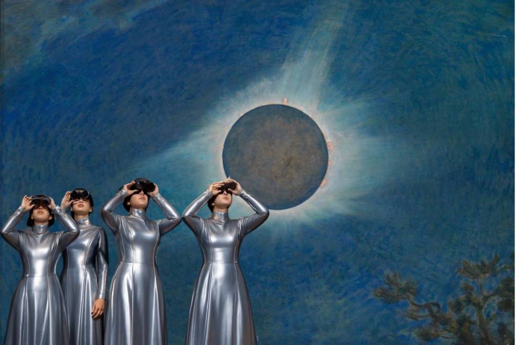 Un gruppo di quattro donne in abiti argentati e futuristici coordinati osserva un’eclissi solare totale attraverso i binocoli. L’eclissi mette in risalto la corona solare e le perle di Baily su uno sfondo di cielo blu intenso e strutturato.