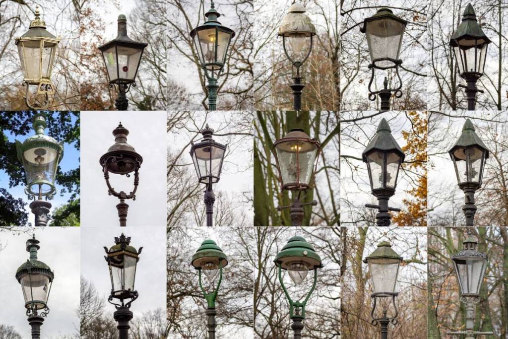 A collage featuring 15 different historic gas lanterns by day. The exhibition in Berlin’s Tiergarten showcases the diverse history of European gas lighting.