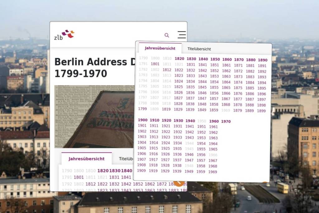 Screenshot della panoramica annuale digitale dell’archivio online della ZLB dedicato agli elenchi storici di Berlino, per la ricerca digitale dal 1799 al 1970.