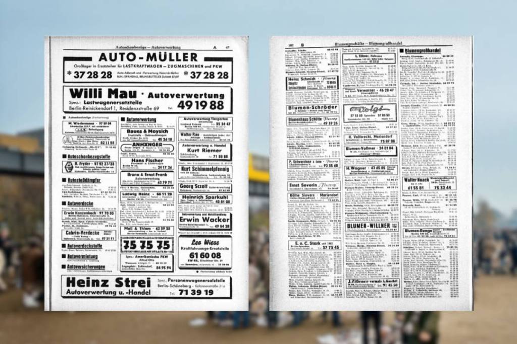 Pagine aperte di un antico elenco commerciale berlinese con vecchie pubblicità e numeri di telefono di centri di rottamazione auto e fiorerie, utili per fare ricerche sulla storia del quartiere.