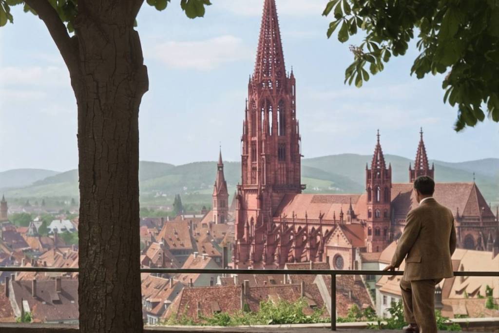 Vue historique : un homme contemple depuis un point de vue la majestueuse cathédrale de Fribourg et la vieille ville.
