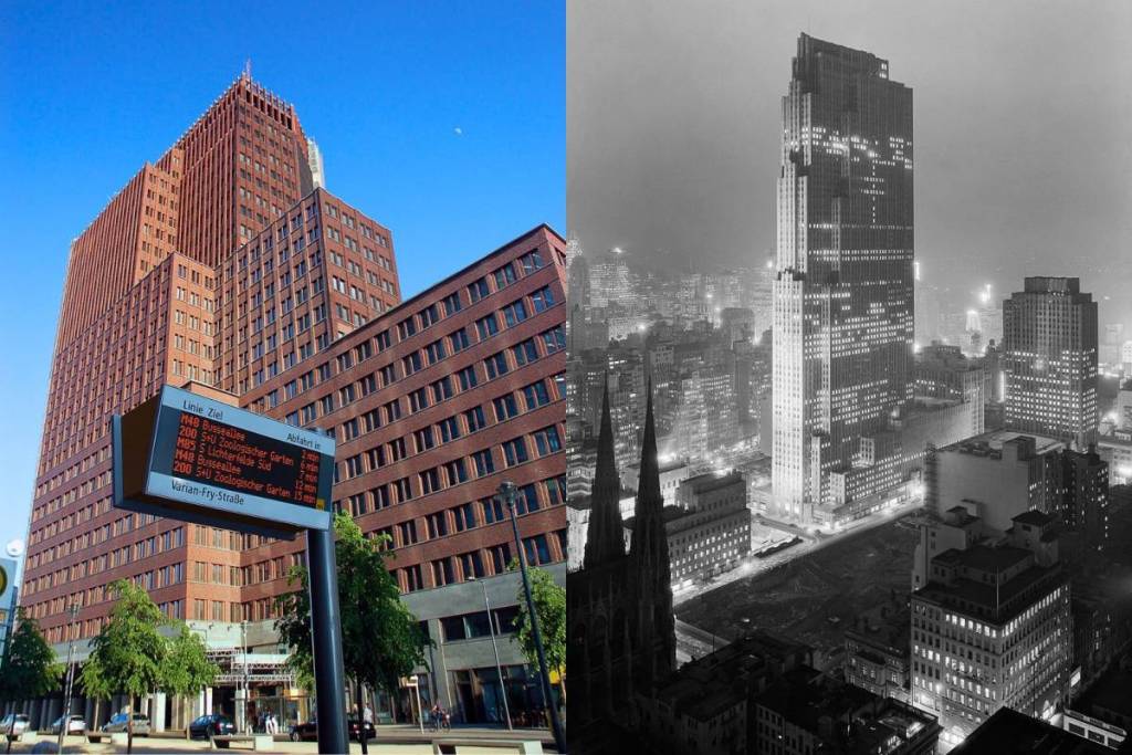 La Kollhoff Tower a sinistra, il Rockefeller Center di New York a destra.