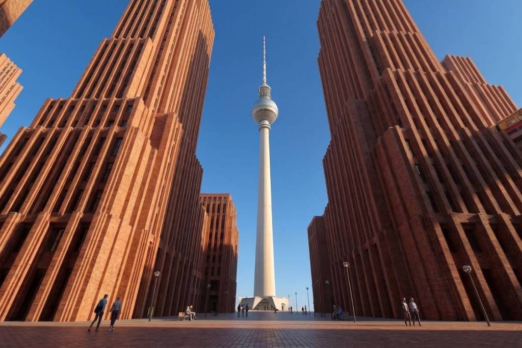 Un rendering di come avrebbe potuto apparire la visione di una mini-Manhattan a Berlino: la Torre della TV di Berlino tra i canyon urbani.