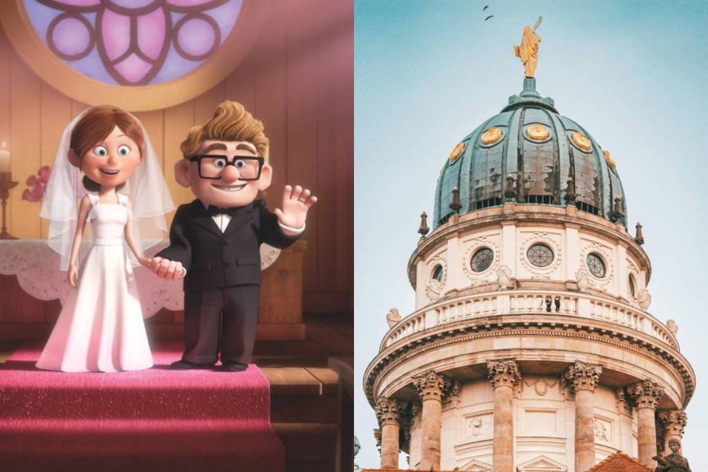Collage : scène de mariage tirée du film Disney « Là-haut » | Cathédrale française de Berlin