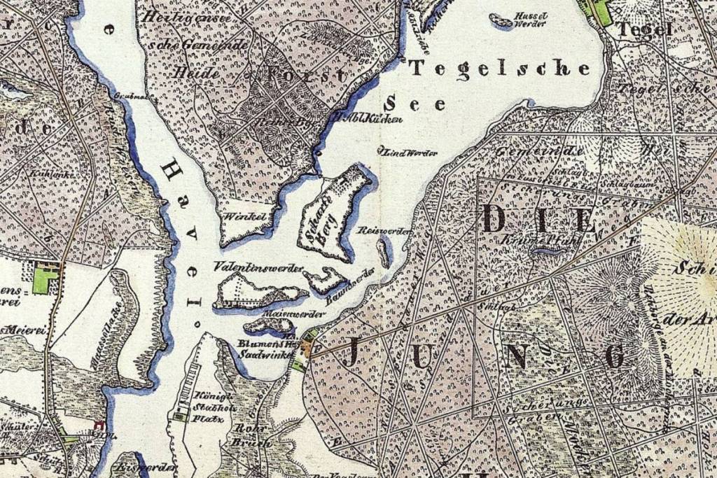 Carte historique de la région de la Havel à Berlin-Reinickendorf, indiquant l'emplacement exact de l'île de Valentinswerder dans le lac de Tegel.