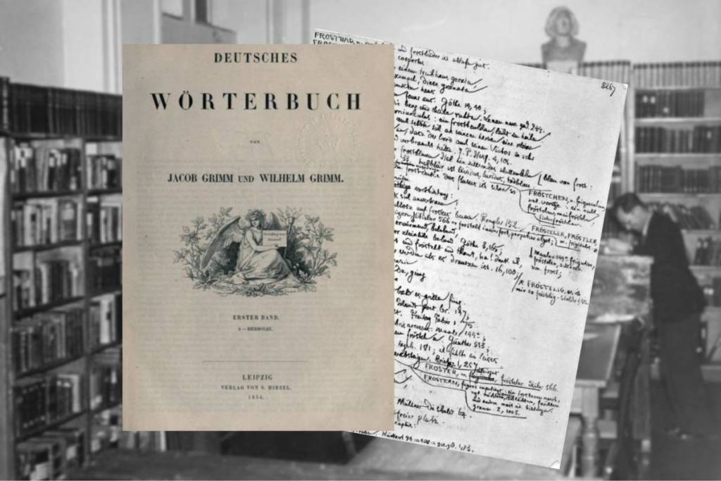 Page de titre et notes du « Dictionnaire allemand » des frères Grimm.