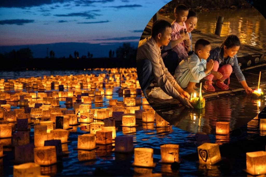 Une famille lâche ses lanternes à vœux sur l’eau. Derrière eux, c’est tout un océan de lanternes qui flotte sur le lac.