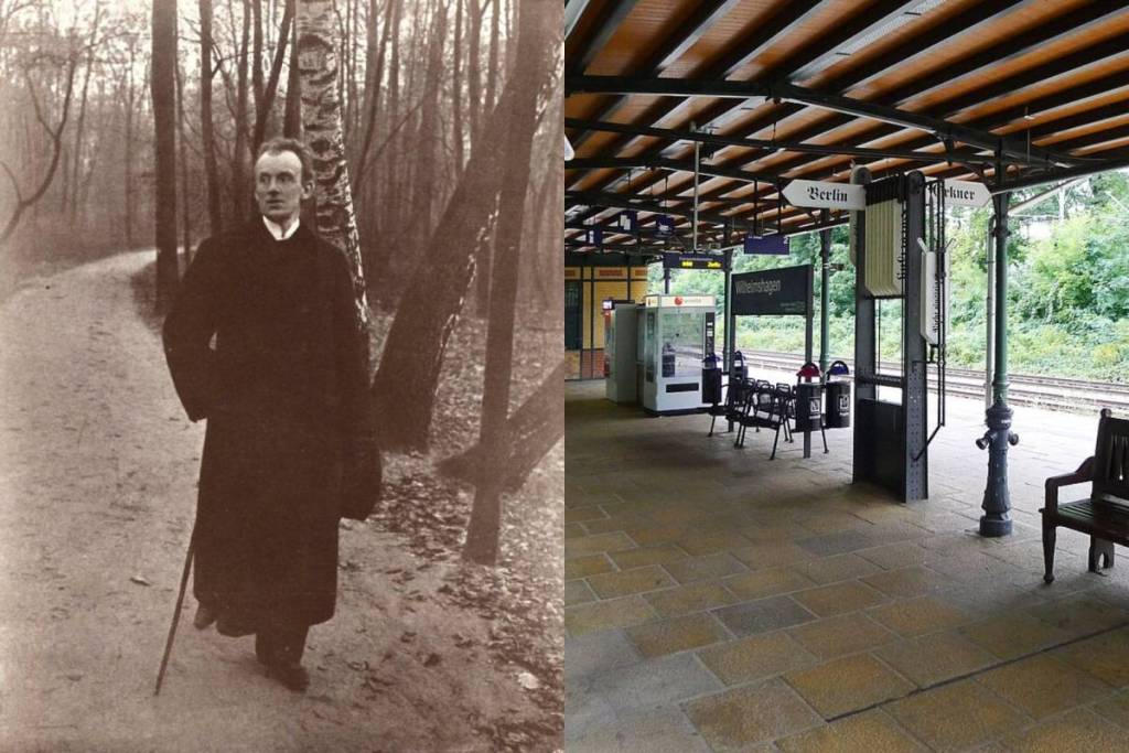 Collage d’une photographie historique de Gerhart Hauptmann dans la forêt et de la gare de S-Bahn de Wilhelmshagen, point de départ de la randonnée littéraire.
