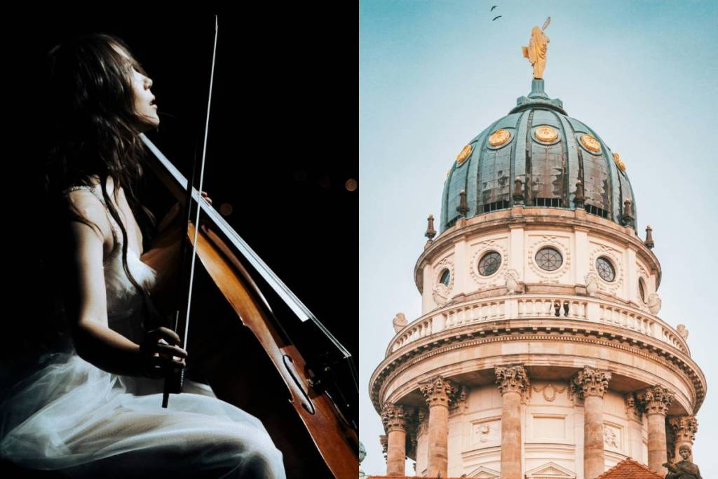 Muzikante Laufey speelt op een contrabas / koepel van de Franse Dom in Berlijn