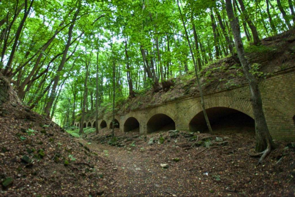 In einen bewaldeten Hang gebaute historische Ziegelbögen und alte Kasematten der Festung Fort Hahneberg.