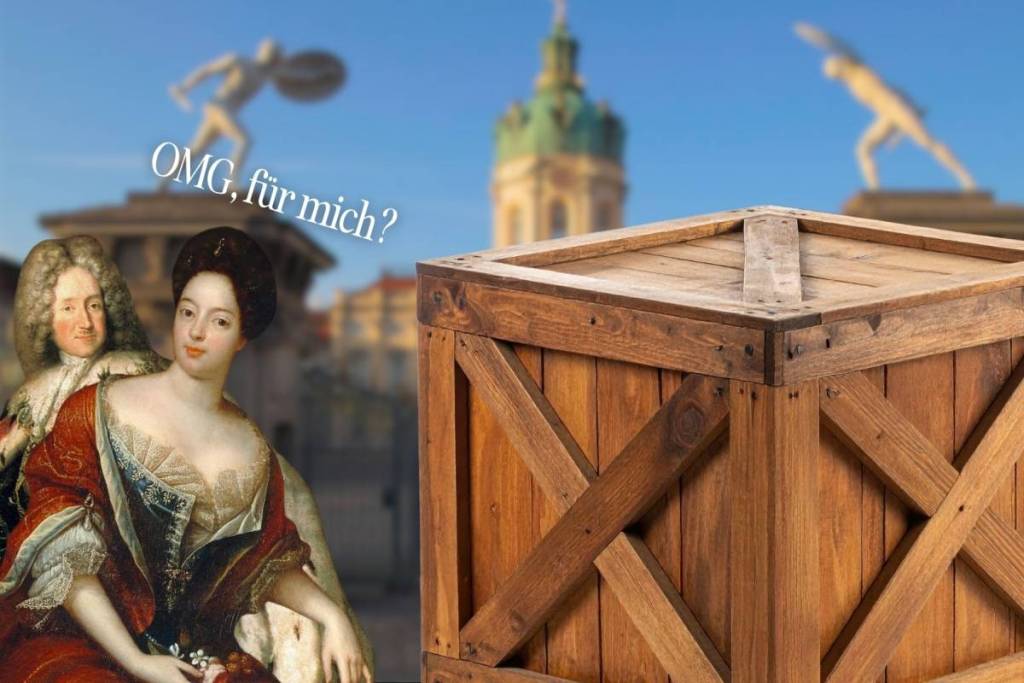 Collage on the history of the Amber Room: portraits of King Frederick I and Queen Sophie Charlotte, a wooden shipping crate, and a blurred view of the palace.