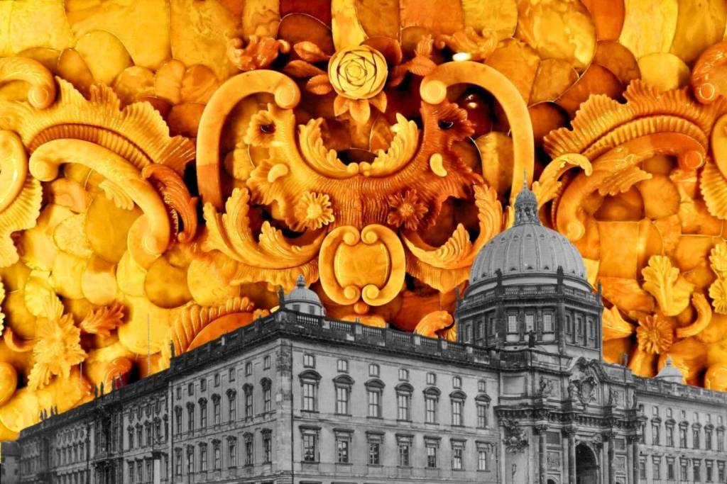 Sketch of the Berlin City Palace with a detailed amber carving in the background, recalling the Amber Room’s original location.