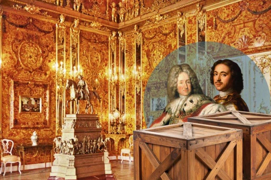 Photo montage commemorating the donation of the Amber Room: Portraits of Tsar Peter the Great and King Frederick William I in front of a reconstruction of the room and transport crates.