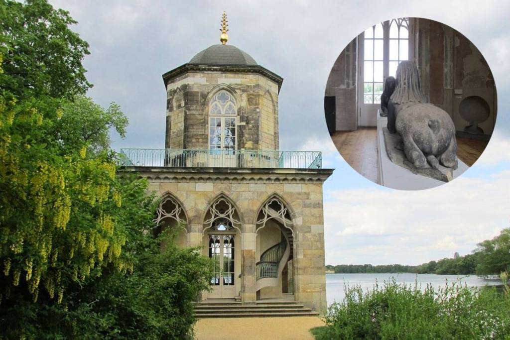 Exterior view of the Gothic Library in Potsdam’s New Garden, supplemented by a circular image overlay showing a rare glimpse inside with a stone sphinx statue.